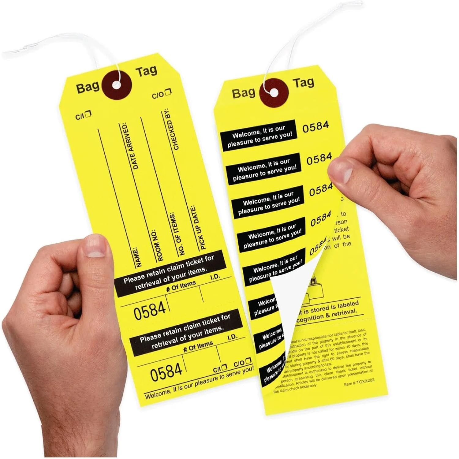 酒店行李标签1000个带弹力绳黑色印刷8联号黄色标签