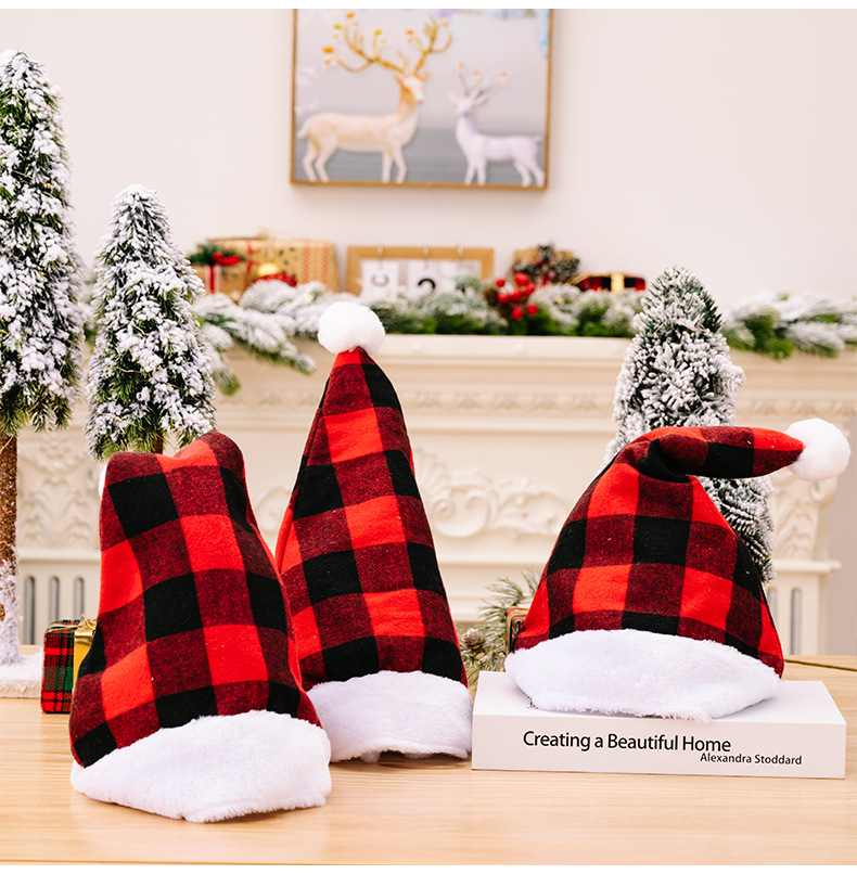 Christmas New Christmas Decoration Plush Edge Plaid Christmas Hat High-end Children's Red and Black Hat Adult Hat_voghion.com