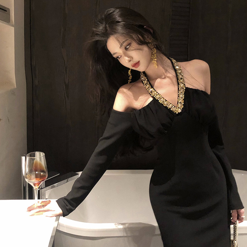 1381 Socialite Style Women's New Off-Shoulder Hollow Out Rhinestone Long Birthday Party Evening Dress