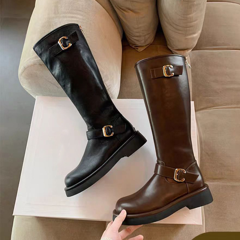 Grape Mom otoño e invierno nuevo estilo polaco pictórico ~ Hebilla de punta redonda de moda, tacón grueso, pero botas altas hasta la rodilla, botas de caballero, mujer
