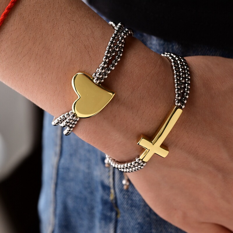 Multi-Strand Copper Bead Drawstring Bracelet with Heart, Star, and Cross Metal Pendants, Vintage Light Luxury Adjustable Stackable Jewelry Multi-Strand Copper Bead Drawstring Bracelet with Heart, Star, and Cross Metal Pendants, Vintage Light Luxury Adjustable Stackable Jewelry