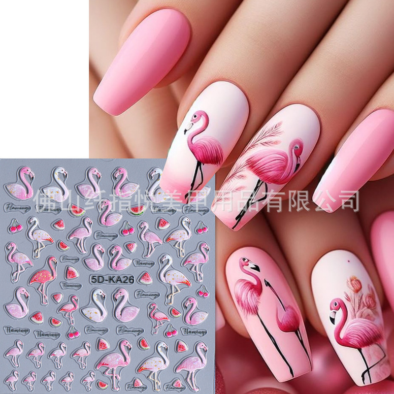 Cross-Border Hot Nail Art Stickers Wholesale 5D Embossed Stereo Red-Crowned Crane Summer Colorful Flower Leaf Nail Stickers