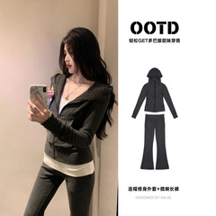 早秋休闲运动套装女新款修身连帽外套微喇长裤显瘦一整套韩系高级
