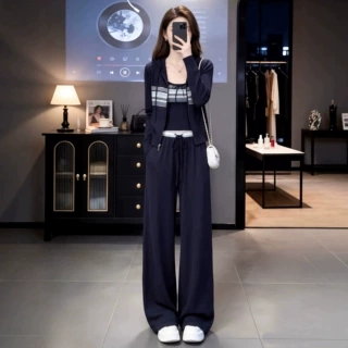 2026早秋一整套韩系减龄穿搭藏蓝色外套吊带阔腿裤运动休闲套装