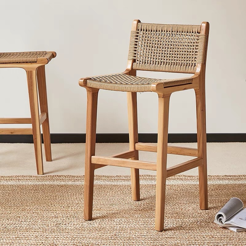 silla de bar de pies altos silla trenzada de cuerda de madera sólida silla de bar de cafeteria de alojamiento en casa silla de respaldo de cuero bar asiento de tarjeta