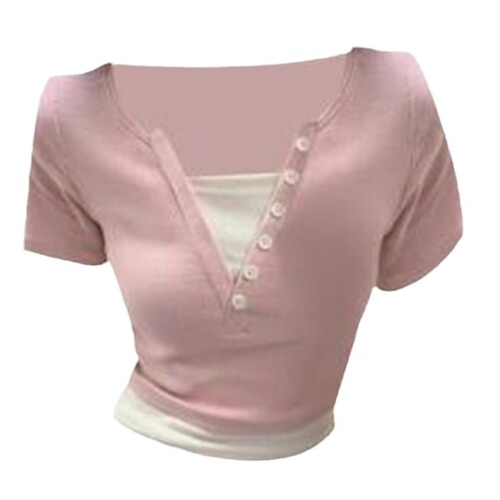 Hot girl pink shoulder short-sleeved T-shirt for women in summer design niche slim fit and slim fake two-piece V-neck short top