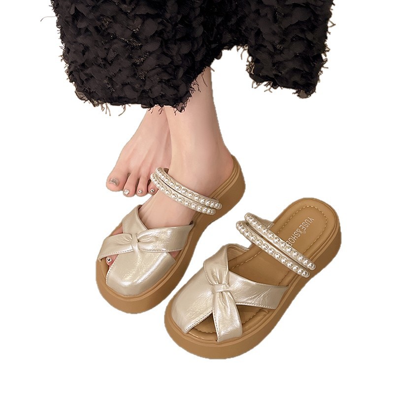 Thick-Soled Platform Sandals 2025 New Summer Women's Baotou Beaded One-Leg Breathable Women's Roman Slippers