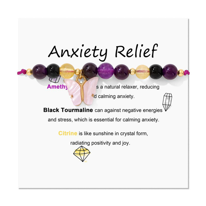 Handmade Beaded Bracelet Women Healing Anxiety Relief Crystal Bracelet Amethyst Pink Butterfly Pendant Bracelet