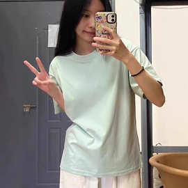 100%重磅纯棉夏季简约休闲风薄荷绿t恤女宽松百搭小众短袖T恤上衣