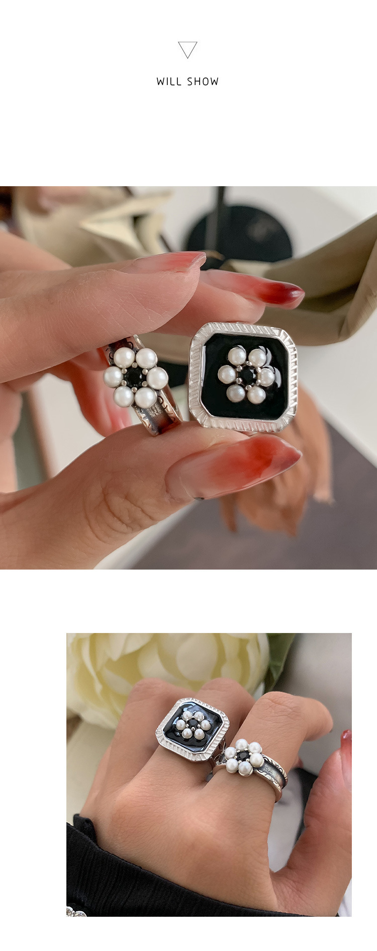 Hong Kong Stil Schwarz Emaille Blumen Silber Ring Retro Trend_voghion.com