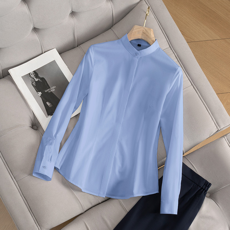 Black Vertical Collar Long-Sleeved Shirt Women's Business Wear Summer Thin White-Collar Dress Slim-Fit Commuter Shirt Work Clothes