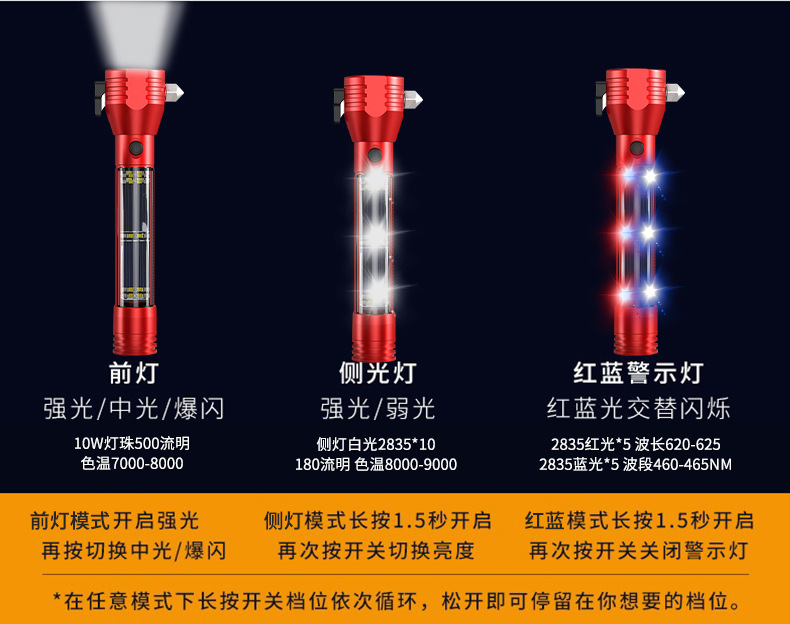 Cross-Border Multifunctional Self-Rescue Safety Hammer, Window-Breaking Flashlight, Solar Charging Compass, Ten-In-One Multifunctional Tool