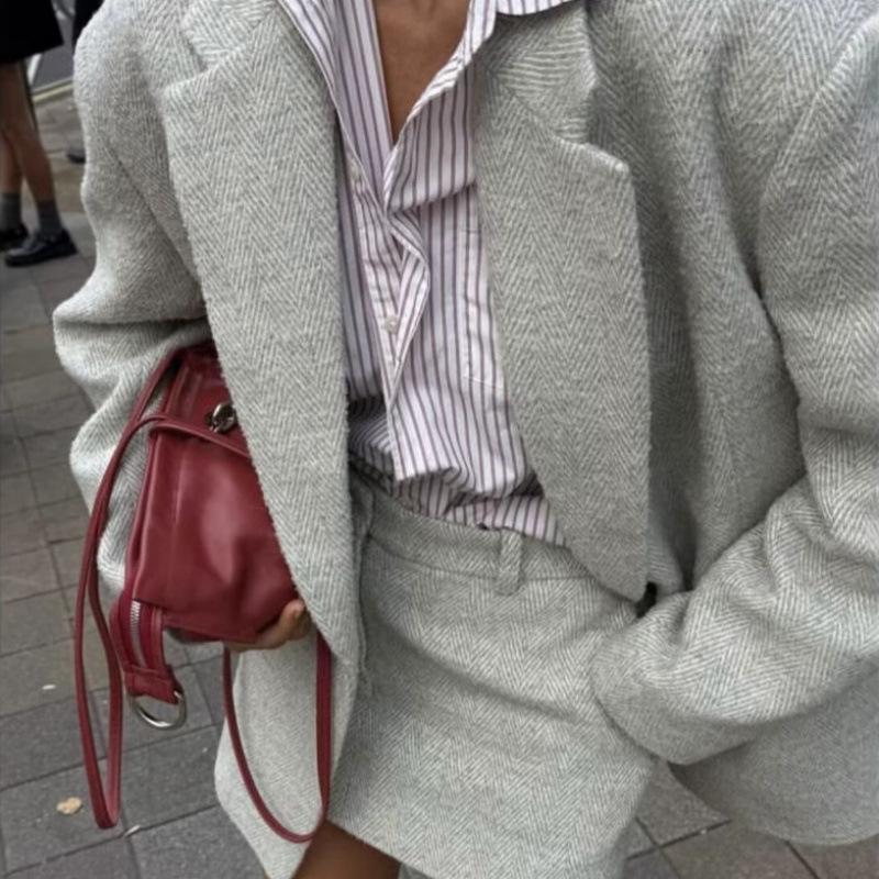 毛呢外套高腰包臀半身裙一粒扣新款翻领休闲休闲套装女秋冬韩系