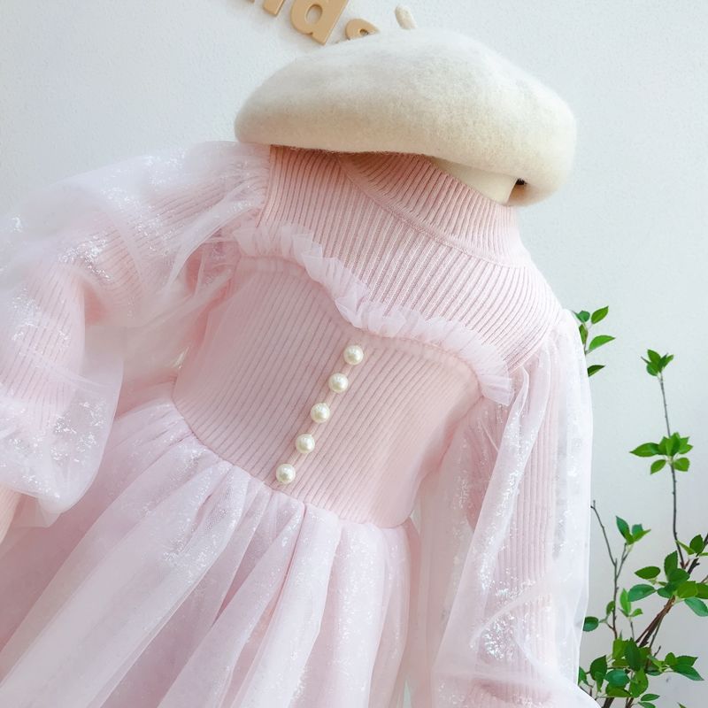 Vestido de princesa Coreana de las niñas 2023 otoño malla linterna manga costura estilo occidental de los niños vestido esponjoso de punto