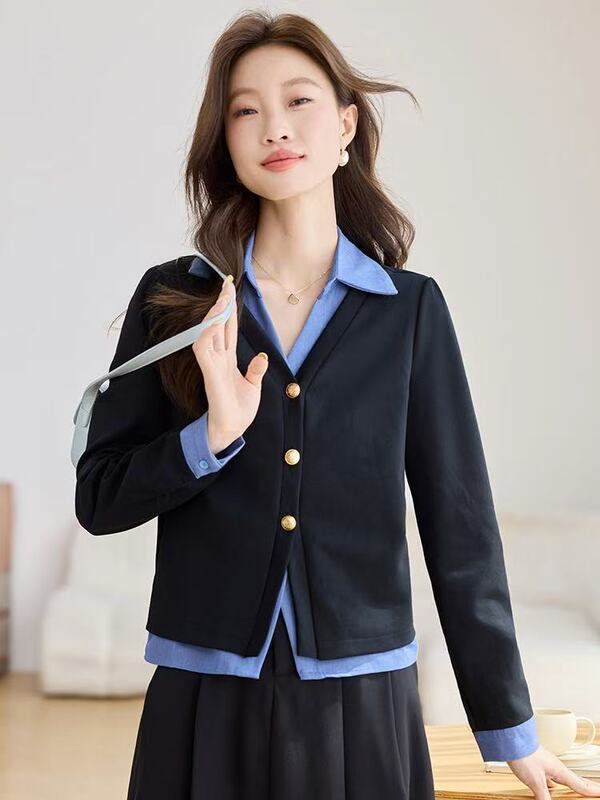哥家商场同款女装2025秋季假两件拼接衬衫长袖高级感时尚气质上衣|undefined