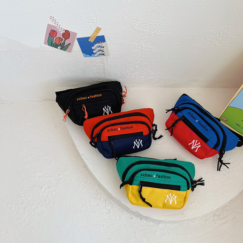 Bolso de los niños de moda estilo coreano lienzo contraste color cintura bolsa bebé monedero moda fresco chico guapo carta crossbody pecho bolsa