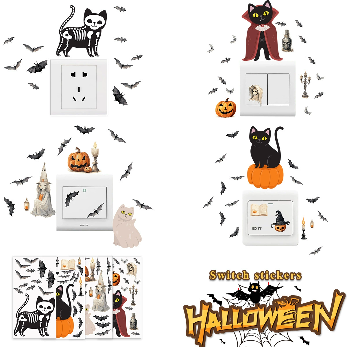 Новые наклейки на переключатели, популярные трансграничные наклейки на Хэллоуин, персонализированные креативные наклейки на переключатели с электрошоком, кошачьи наклейки для спальни, гостиной, украшения дома
