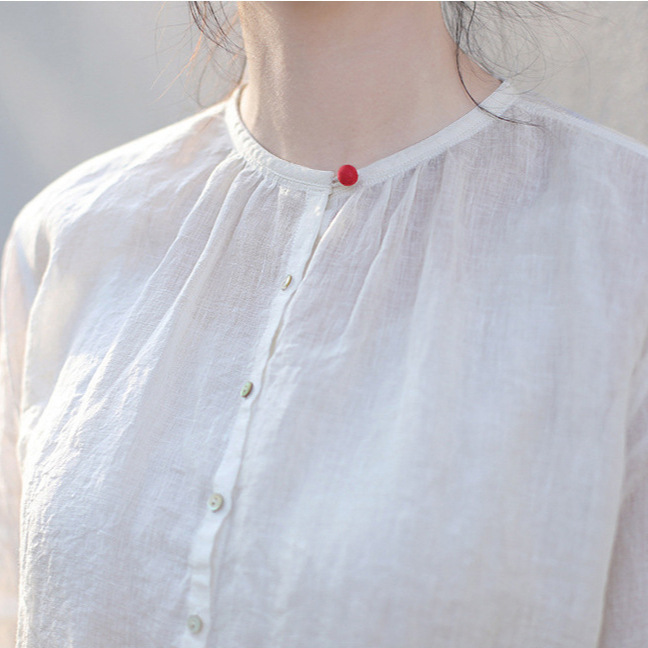 2025 Summer Fine Pure Linen Lightweight White Round Neck Contrasting Button Mid-Length Loose Urban Casual Shirt