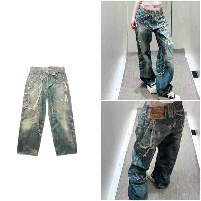 Jennie-Style American Retro Candy Chain 3D Digital Print Straight-Leg Jeans for Women, Loose Wide-Leg Pants