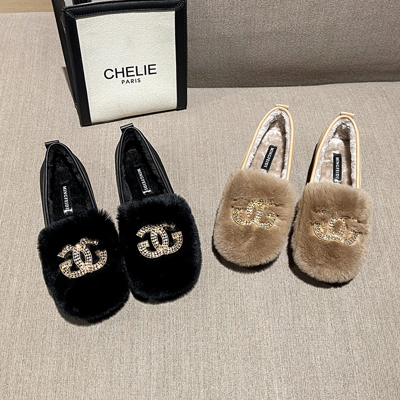 Mocasines Otoño e Invierno de las mujeres con forro polar 2023 nueva moda rhinestone hebilla Rex zapatos de piel de conejo desgaste exterior zapatos planos slip-on image 6