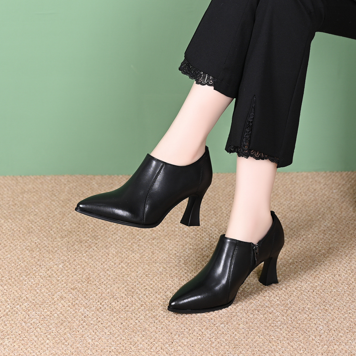 Genuine Leather Deep-Mouth High-Heeled Shoes for Women 2025 Spring and Autum New Pointed Toe Medium Heel Soft Sole Versatile Professional Small Leather Shoes for Women