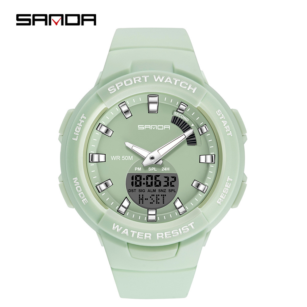 SANDA 6005 nuevo color caramelo deportes doble pantalla estudiantes masculinos y femeninos personalidad reloj calendario semanal luminoso