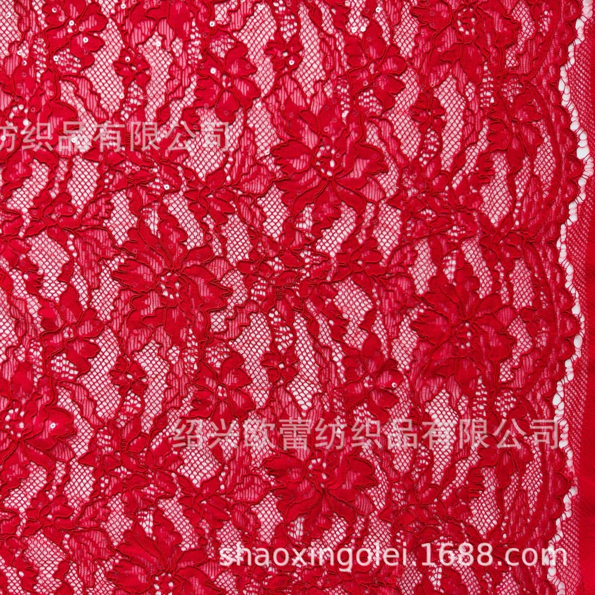 股线弹力捷毛蕾丝面料立体股线亮片绣花蕾丝面料中国红蕾丝面料