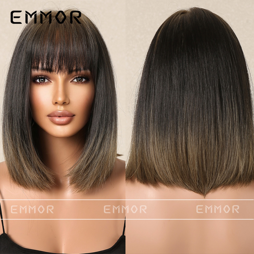 Peluca de las mujeres de pelo largo recto transfronterizo nuevo estilo flequillo Gradiente Peluca dorada Estilo europeo y americano natural cubierta de la cabeza completa