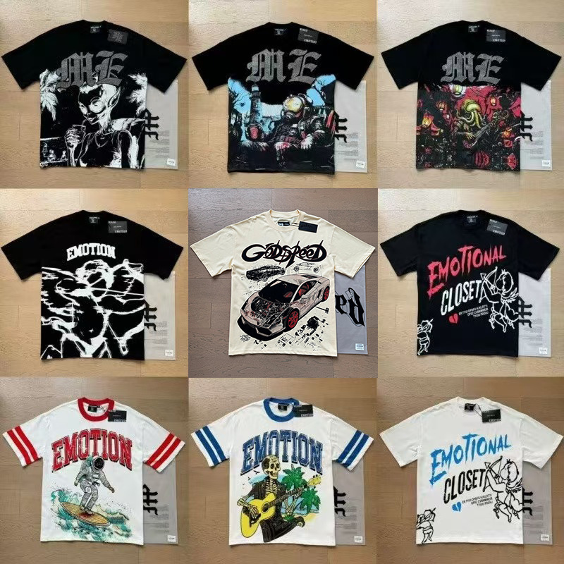 New American-Style Trendy Brand Mix Emo Angel Rhinestone Alien Short-Sleeve Full-Print Car Lettering Round-Neck T-Shirt