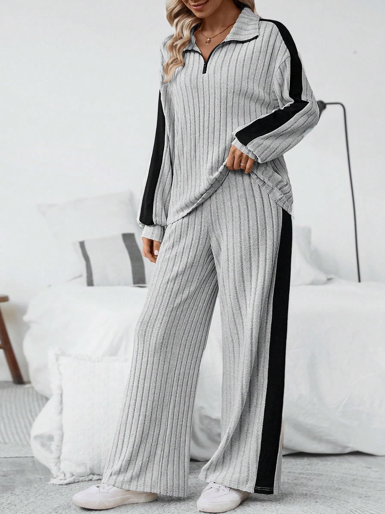 Women's Clothing large size casual suits for women autumn new high end design sweater wide leg pants two piece suit_voghion.com