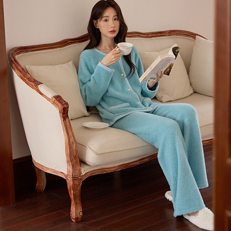 Pajamas Home Clothes Autumn and Winter High-end Sense Imitation Mink Velvet Chanel Pearl Buckle Cardigan Long-sleeved Trousers Thickened Warm Cover