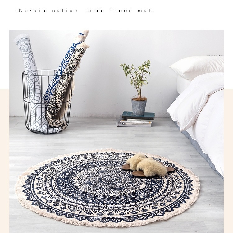 北欧民族风棉麻地垫轻奢脚垫复古素色挂毯手工地毯卧室圆形床kω