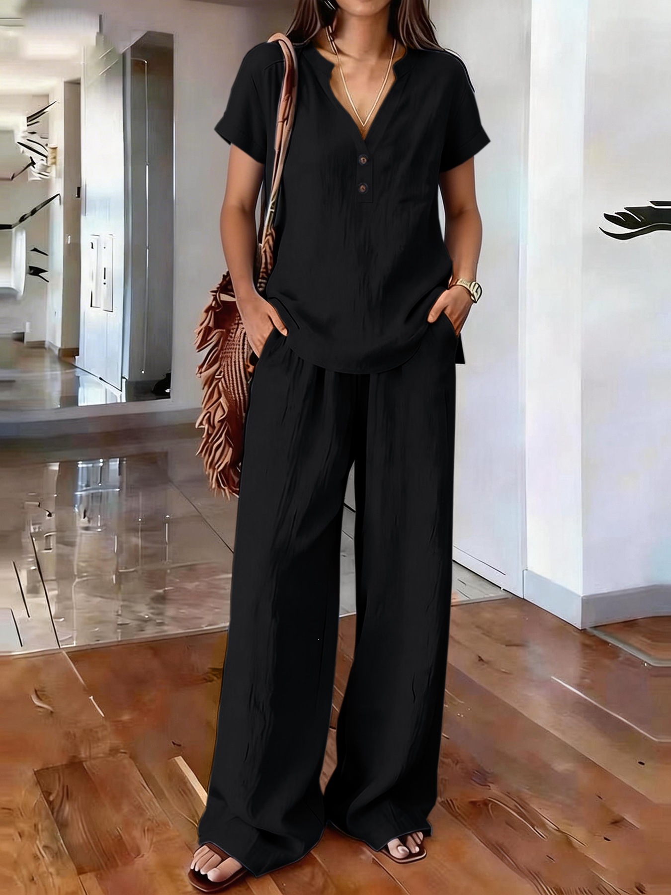 Women's Clothing Women's Casual Cotton Linen Top And Wide Leg Pants Set V Neck Button Up Old Money Style Solid Color_ecoleips.com