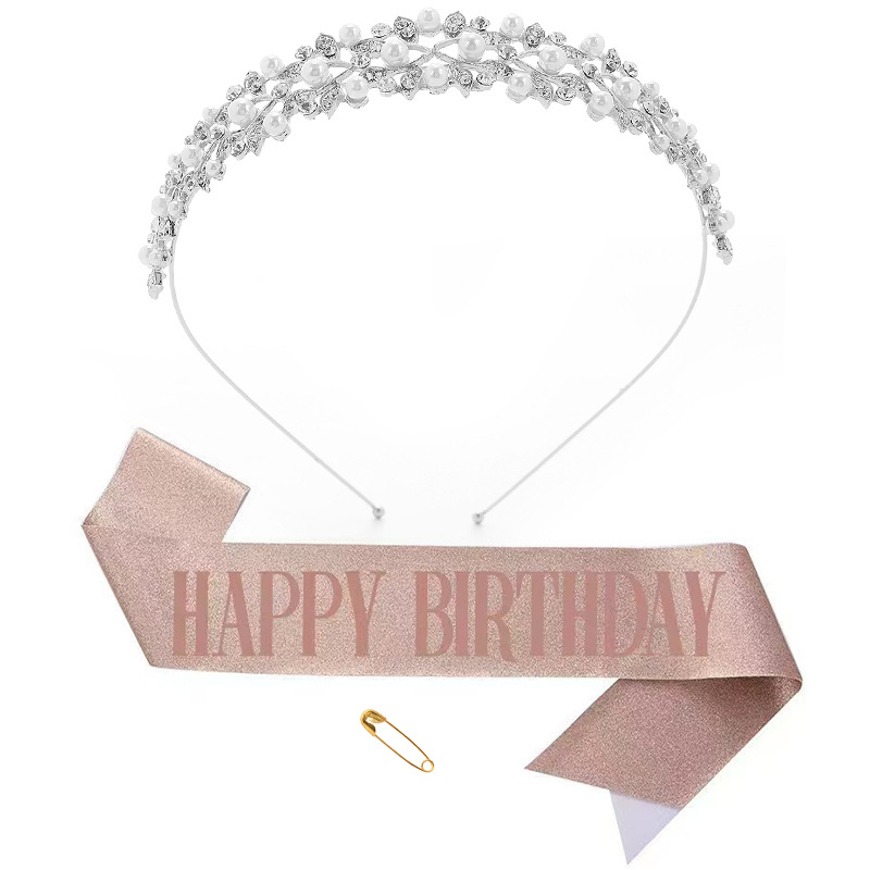 Silver crown+happybirthday rose gold ribbon