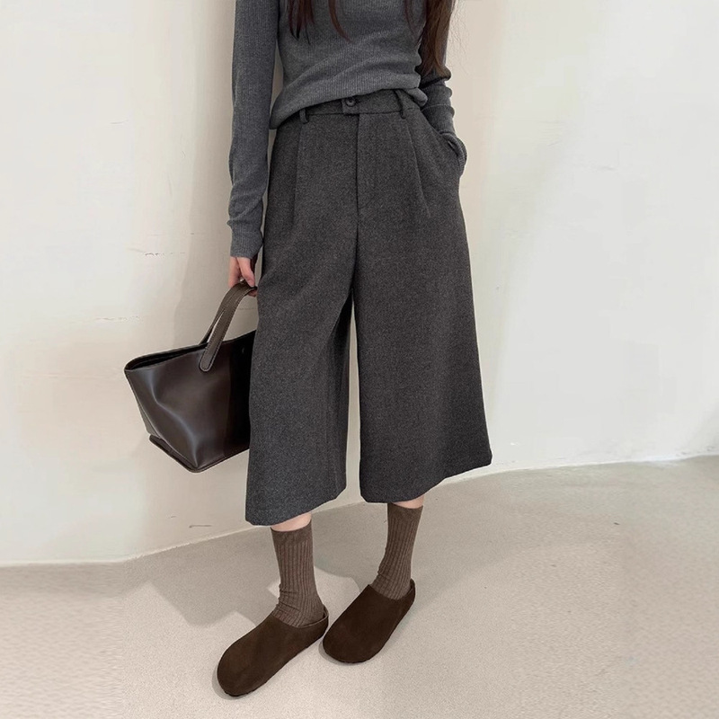 Woolen Cropped Wide-Leg Pants for Women, Autumn and Winter Petite Loose Straight Pants, High-Waisted Cropped Casual Suit Pants
