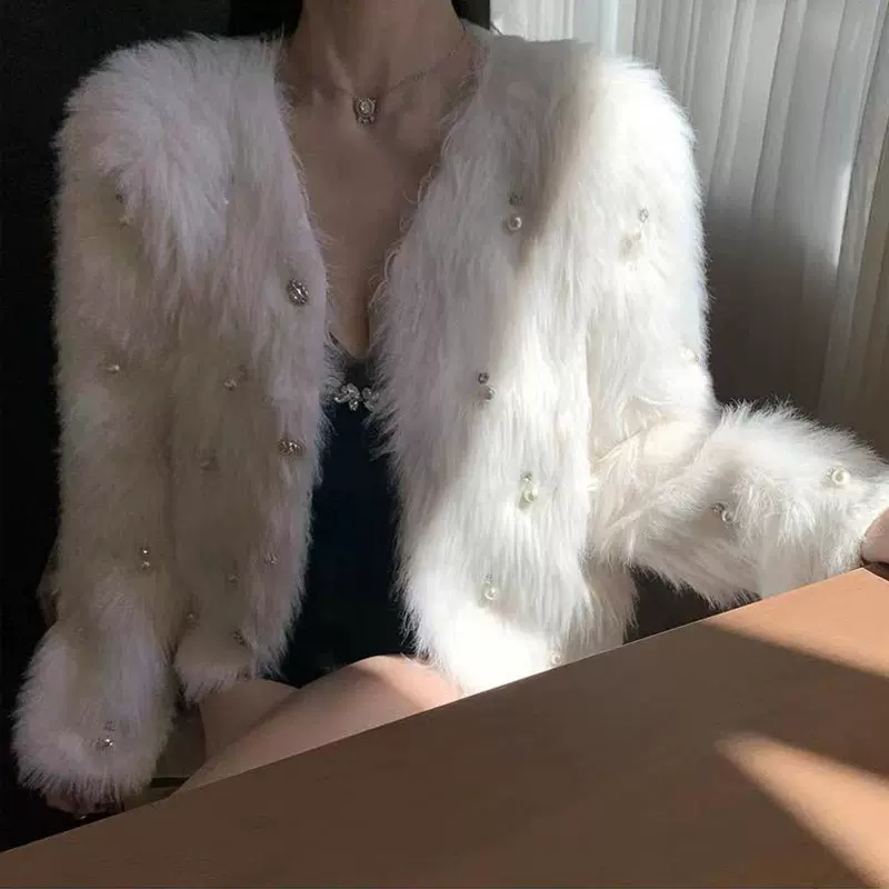 亚马逊跨境2025冬季新款小香风气质短款水貂绒镶钻针织气质开衫女