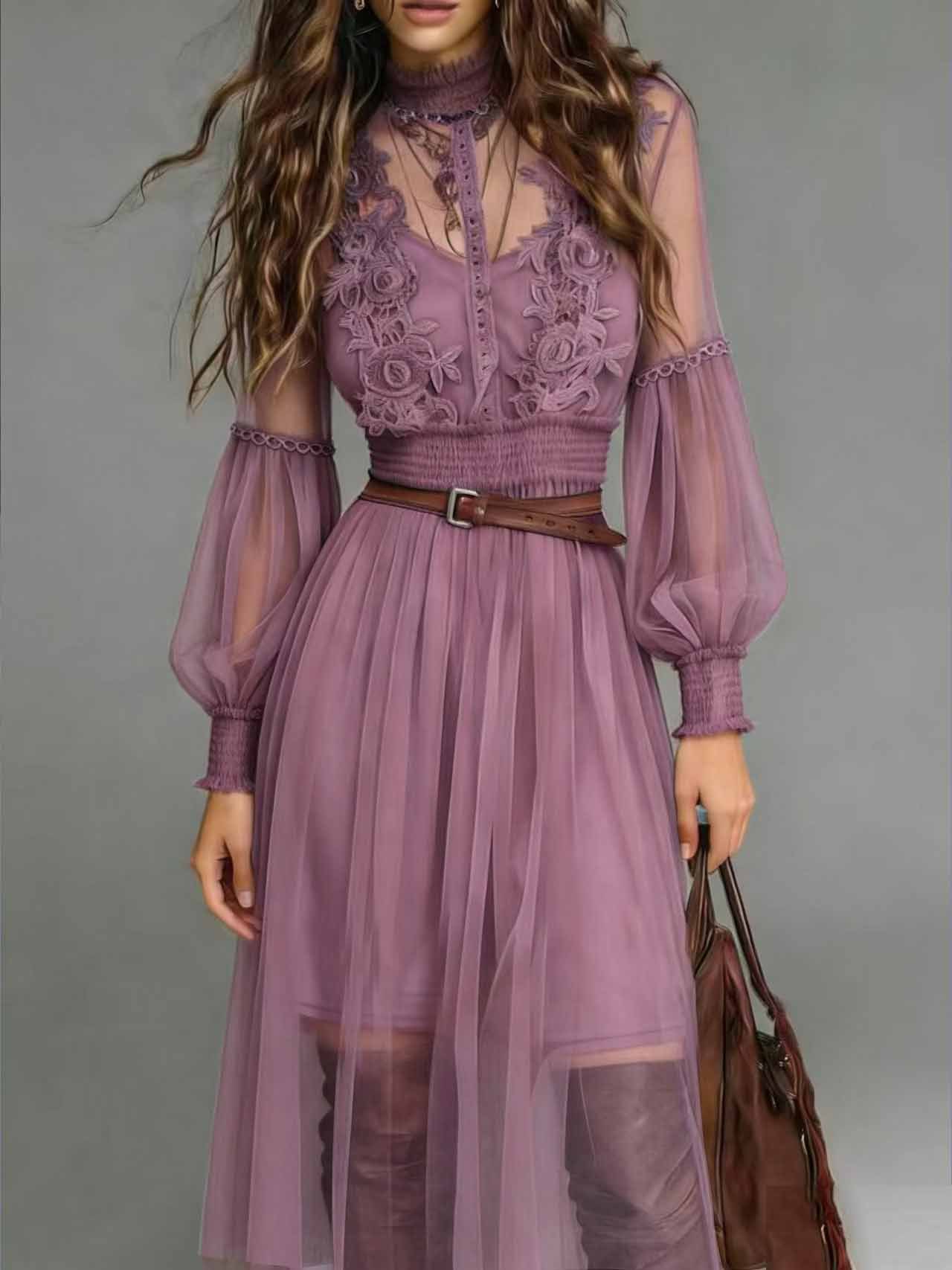 2026 European And American Cross-border Independent Site Western Resort Sheer Lantern Sleeve Lace Appliqué Mesh_ecoleips.com