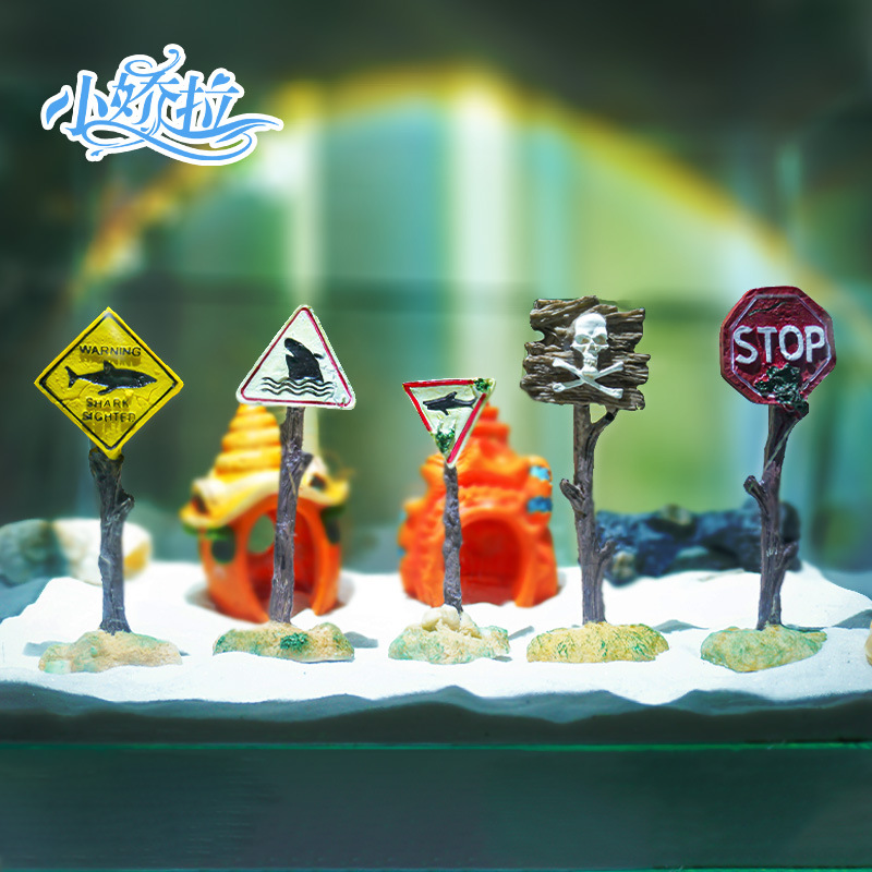 Acuario de pecera, letrero de calle, decoración de resina, letrero de pescado, pequeño adorno, estilo explosivo, signo de tiburón de simulación, letrero de advertencia
