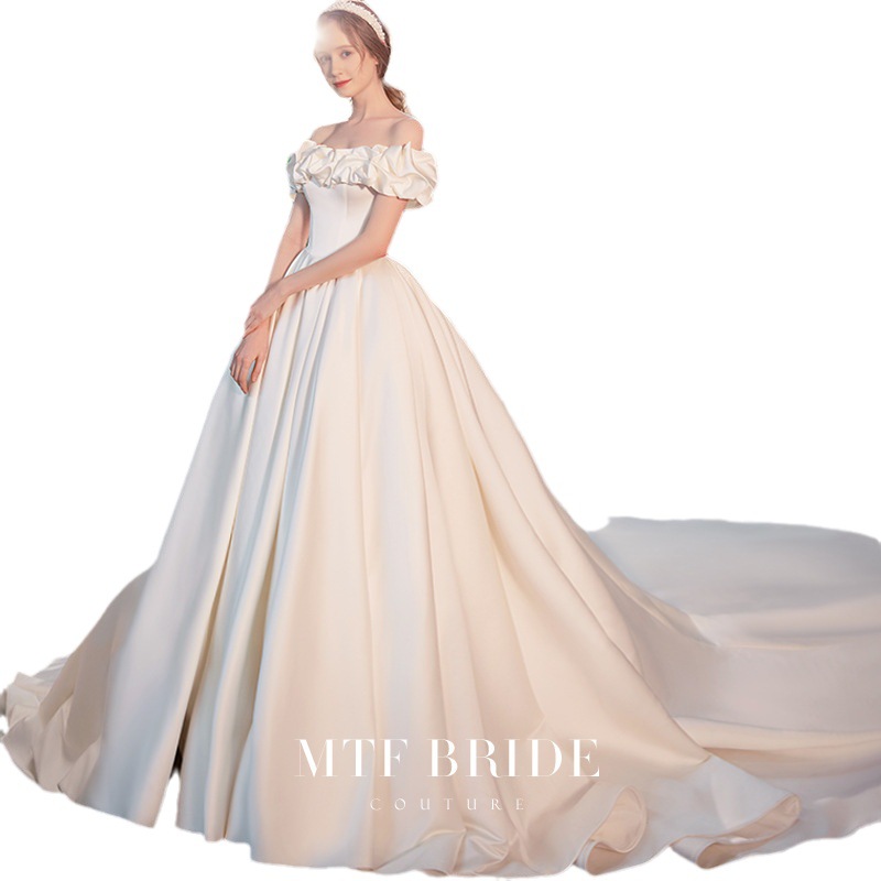 Nuevo estilo 2026: Vestido de novia estilo princesa de satén con cola, vestido de novia con hombros descubiertos, elegante vestido de noche.