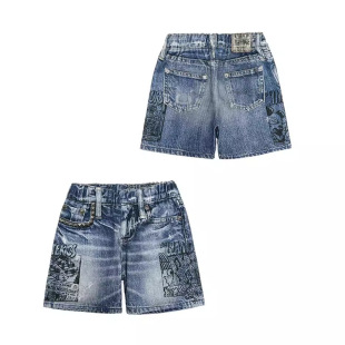 2024 new black super tide brand pacifier medieval printed rivet imitation denim shorts pacifier children's shorts mkx