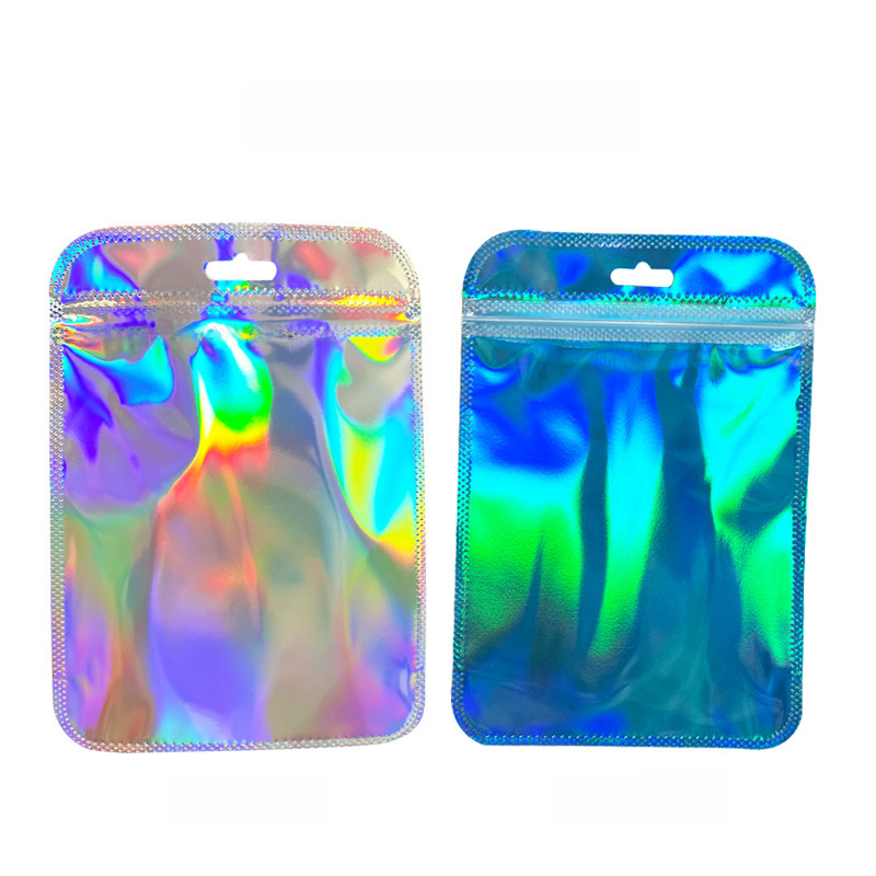 Factory hot colorful laser packaging self-sealing bag rainbow film round corner bag jewelry mobile phone case yin-yang bag 