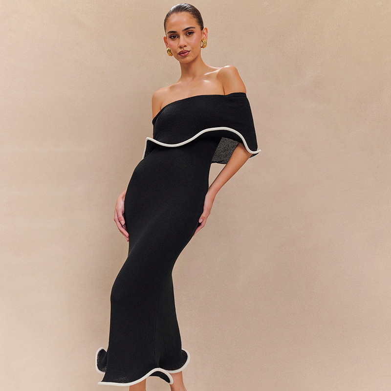 Women Clothing Summer Contrast Color Ruffled off the Shoulder Tube Top Backless Sheath Sexy Dress