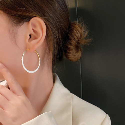 925 silver needle large hoop earrings Internet celebrity drop glazed plain hoop earrings for women French style high-end hoop earrings wholesale