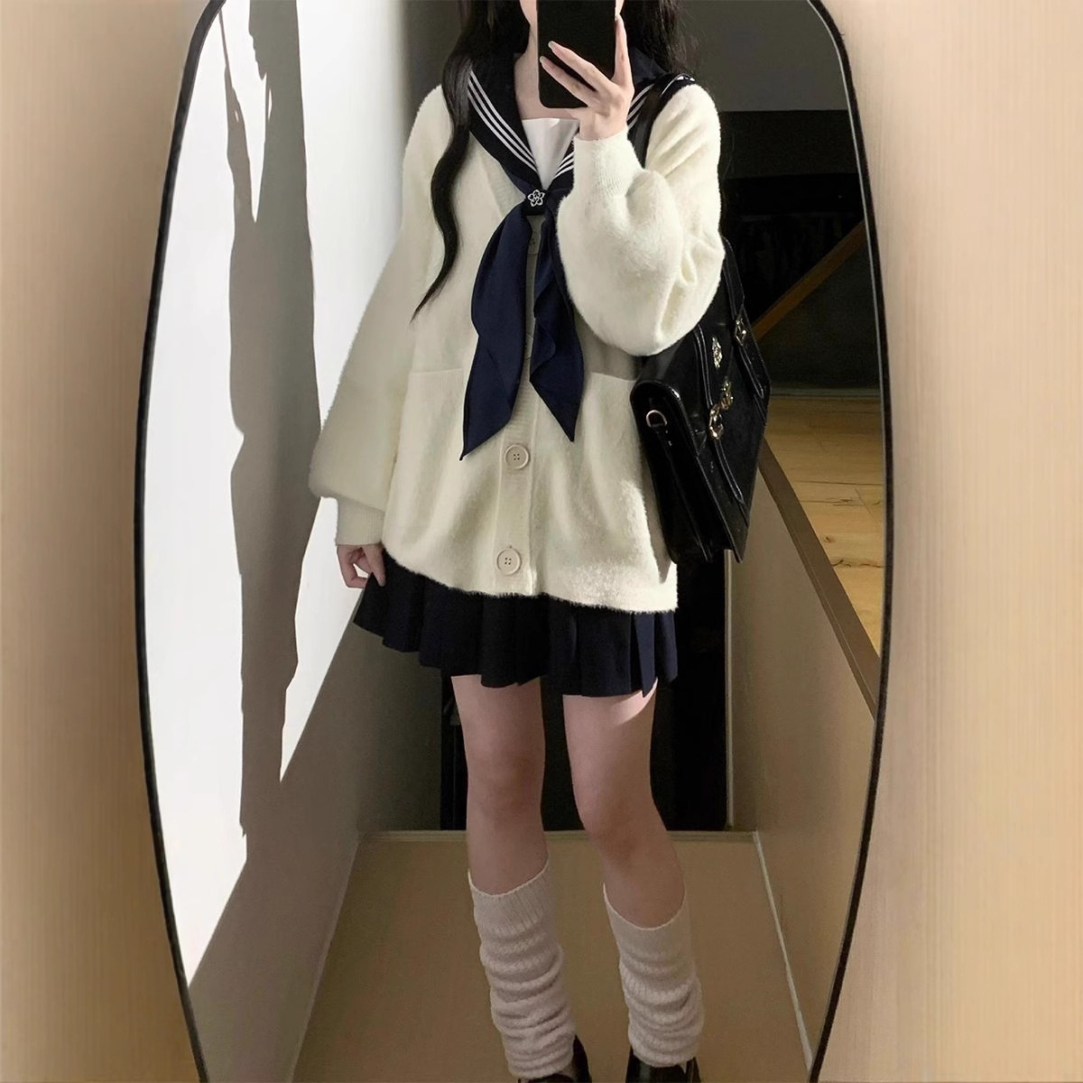 Autumn and Winter New Jk Mink Fur Xiaoyue Sleep Cardigan White Jacket Top Three-Piece Sailor Suit Cute Soft Girl