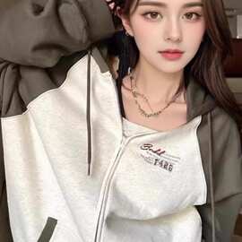 加绒加厚冬美式高街撞色棒球服拉链外套女设计感连帽开衫卫衣外搭