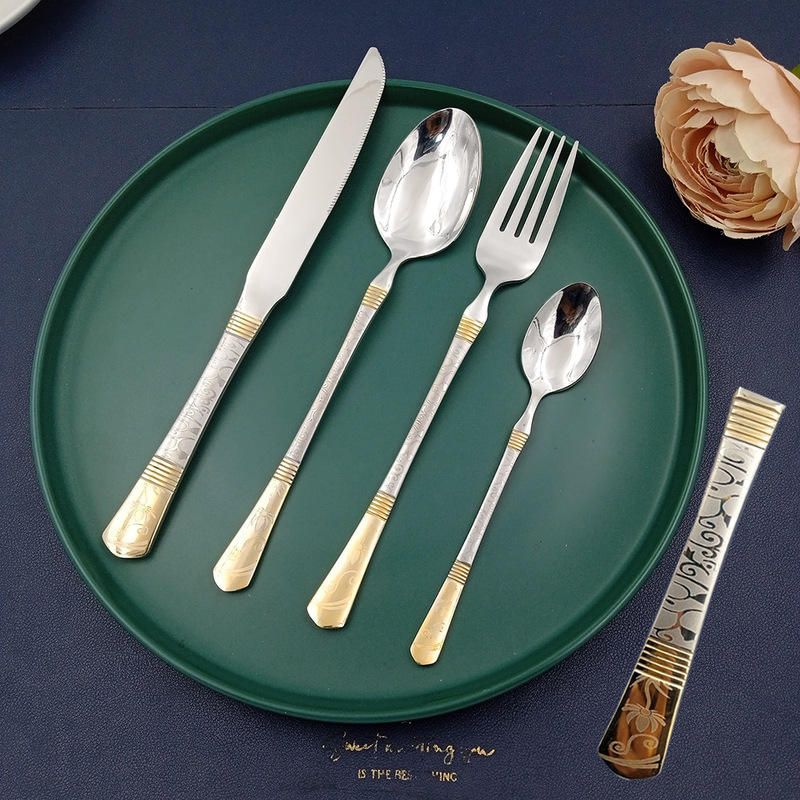 Gold-Plated Laser Patterned Thin Handle Western-Style Knife, Fork and Spoon Set, 6-Pack Bag, Best-Selling Model in the Middle East Gold-Plated Laser Patterned Thin Handle Western-Style Knife, Fork and Spoon Set, 6-Pack Bag, Best-Selling Model in the Middle East