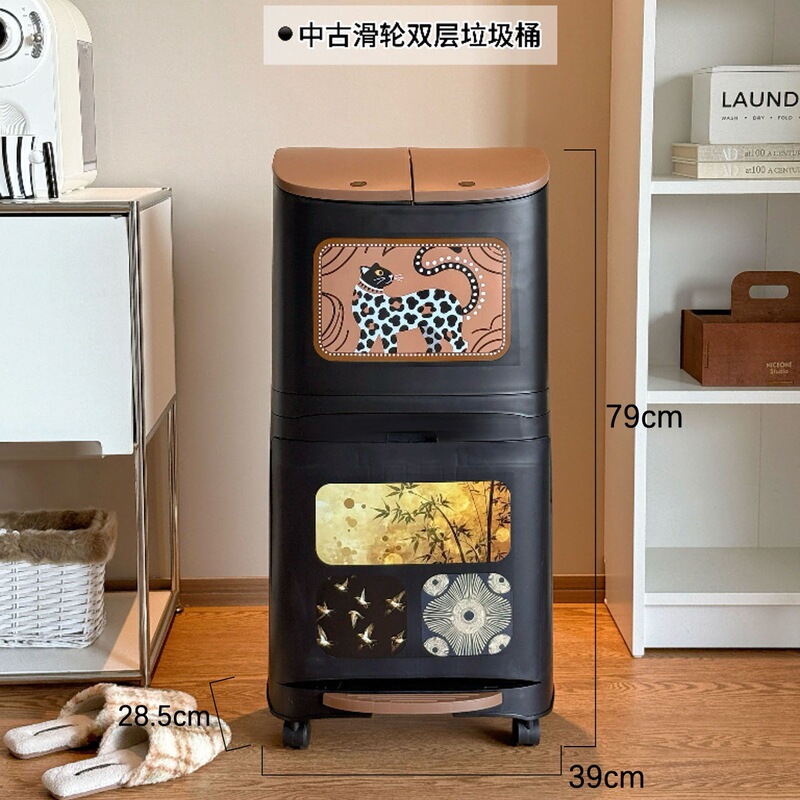 厨房专用不弯腰垃圾桶家用新款干湿分离带盖大容量高款可移动带轮|undefined
