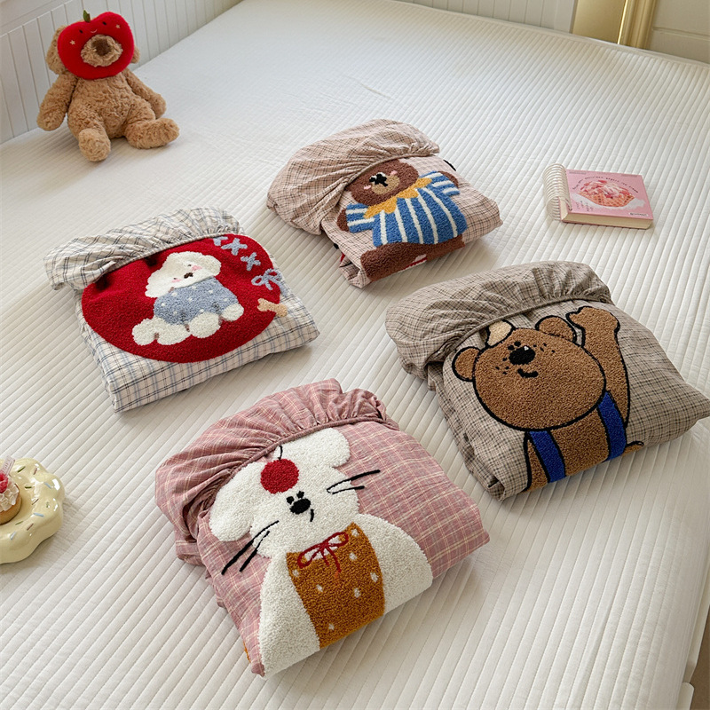 2025A Class a Washed Cotton Towel Embroidered Bed Sheet Three-Piece Set Cartoon Pure Cotton Bed Non-Slip Protective Cover Set Tie-Dye