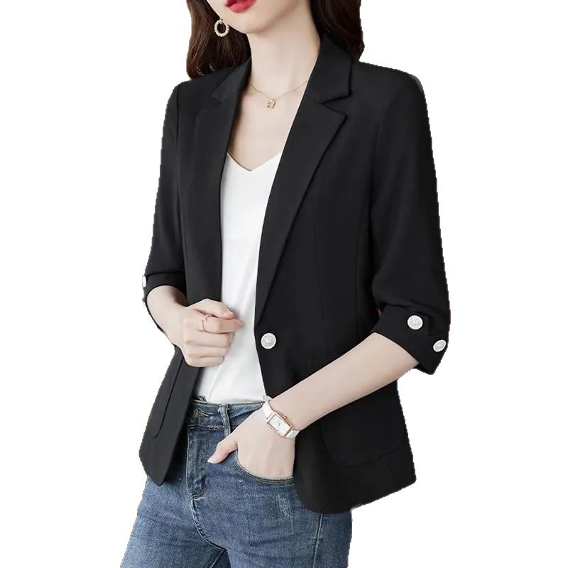 2025新款春秋薄女时尚优雅小西装修身西服短款七分袖气质上衣外套|undefined