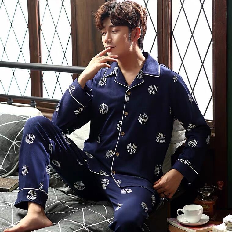 Pijamas de algodón gordo para hombres primavera y otoño de mangas largas para aumentar el tamaño delgado juvenil de mediana edad otoño y invierno conjunto de ropa para el hogar
